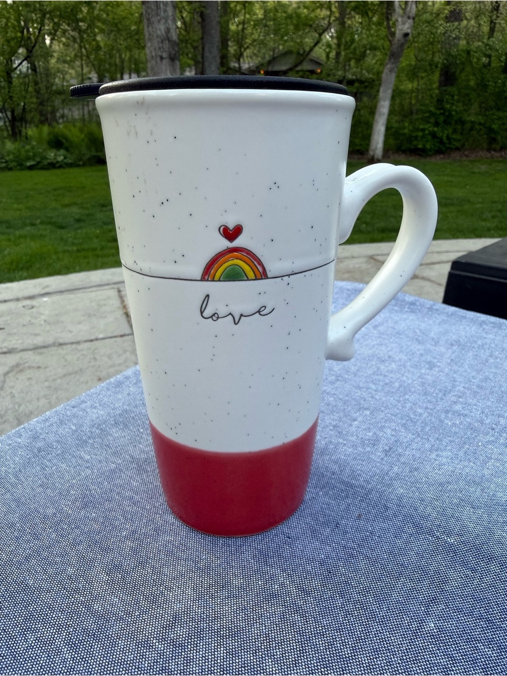 White and Red 'Love' Ceramic Travel Mug Tumbler with Rainbow Accent